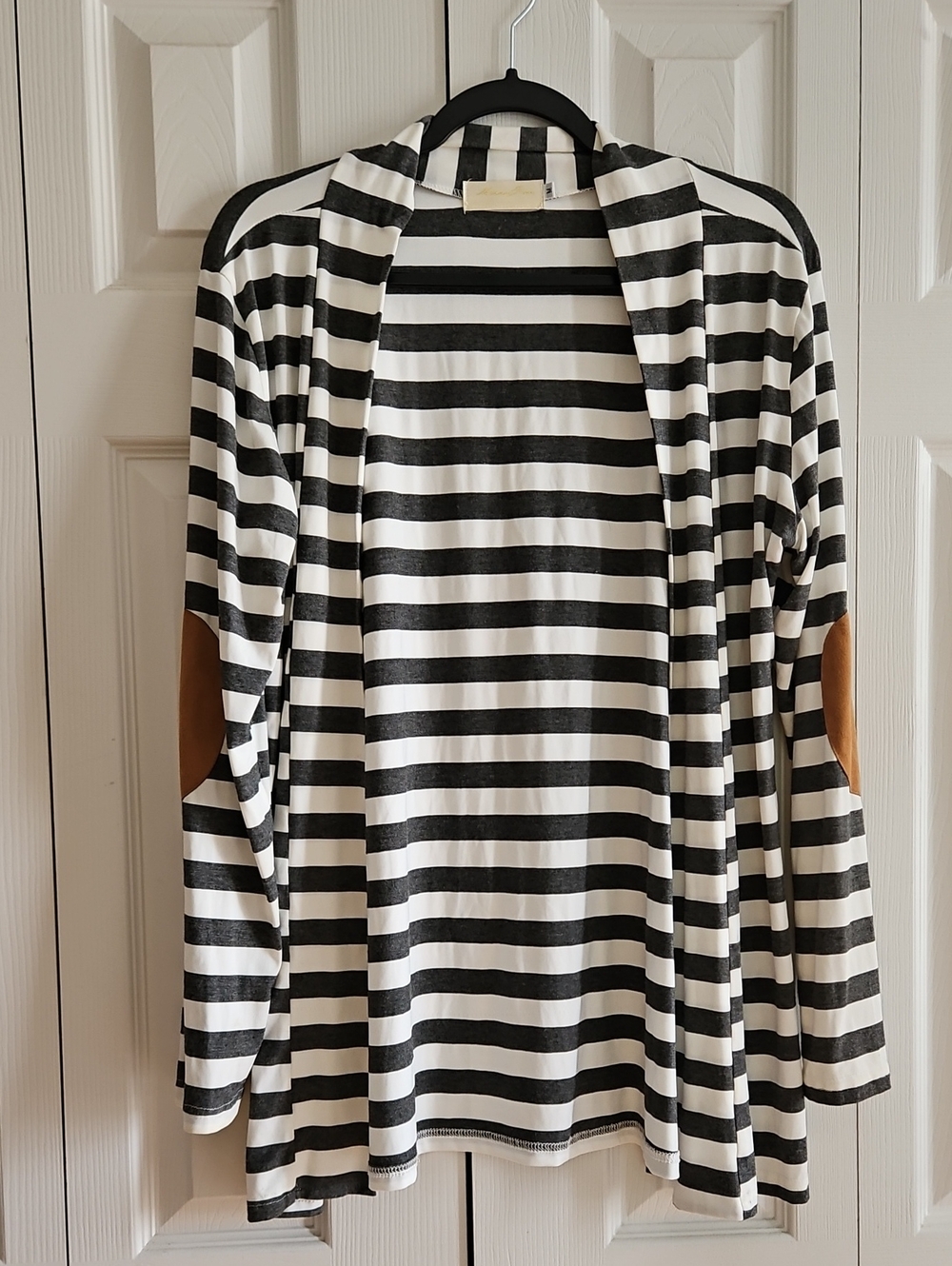 Merry Furr Dark Gray & White Striped Cardigan w/ Suede Elbow Patches